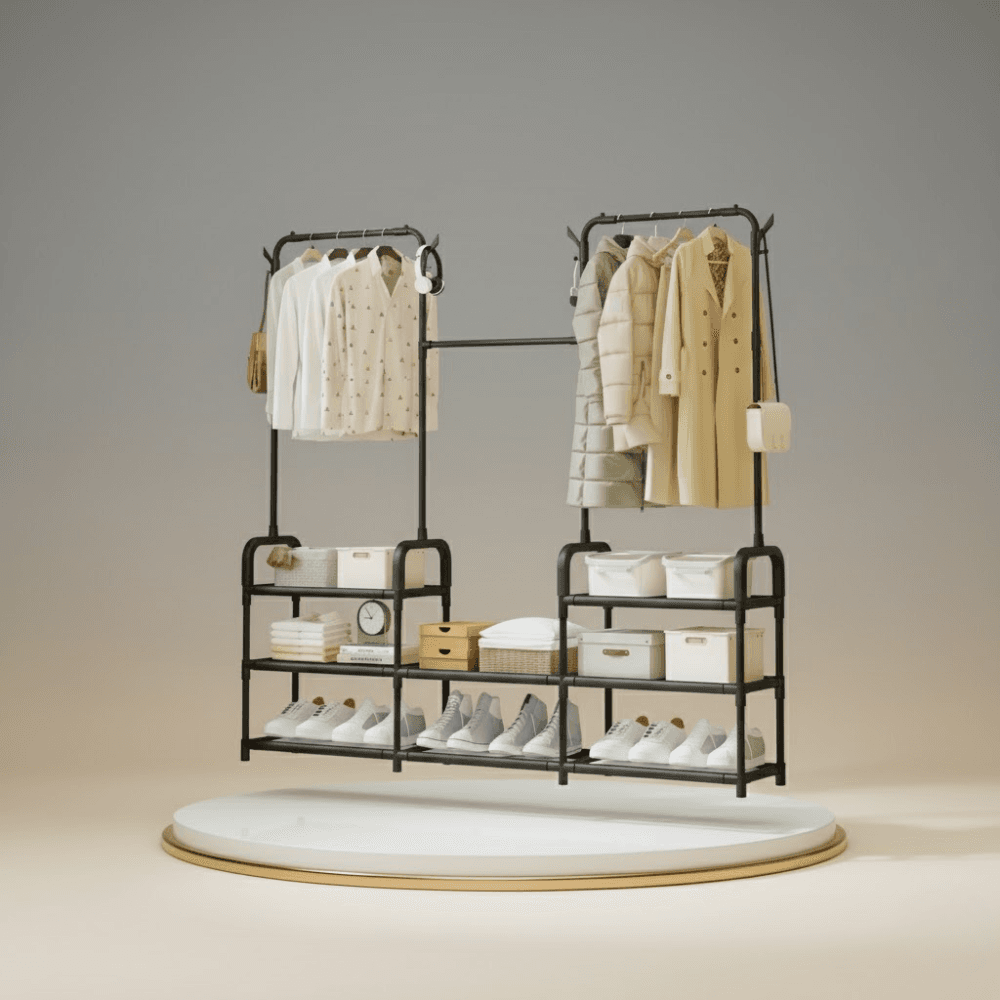 Portant à Vêtements Sur Pied Double et Étagères - Organisation Optimale et Design Élégant