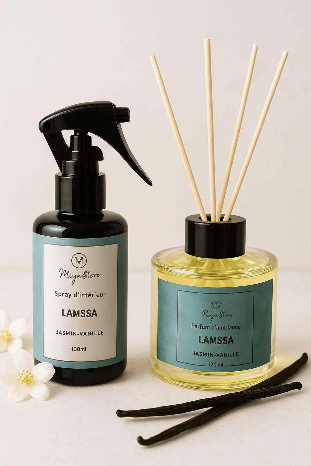 Pack Parfum d’Ambiance “LAMSSA” – Jasmin & Vanille (Spray 100 ml + Diffuseur 120 ml)