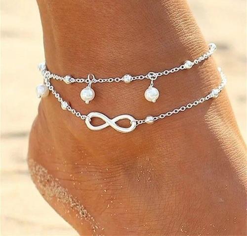 Bracelet de cheville double chaine Infini avec perles Ajustable.
